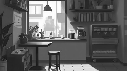 Monochromatic grayscale illustration of a minimalist kitchen interior bathed in sunlight streaming through a window. The scene includes a small table, stool, shelves stocked with various items, and