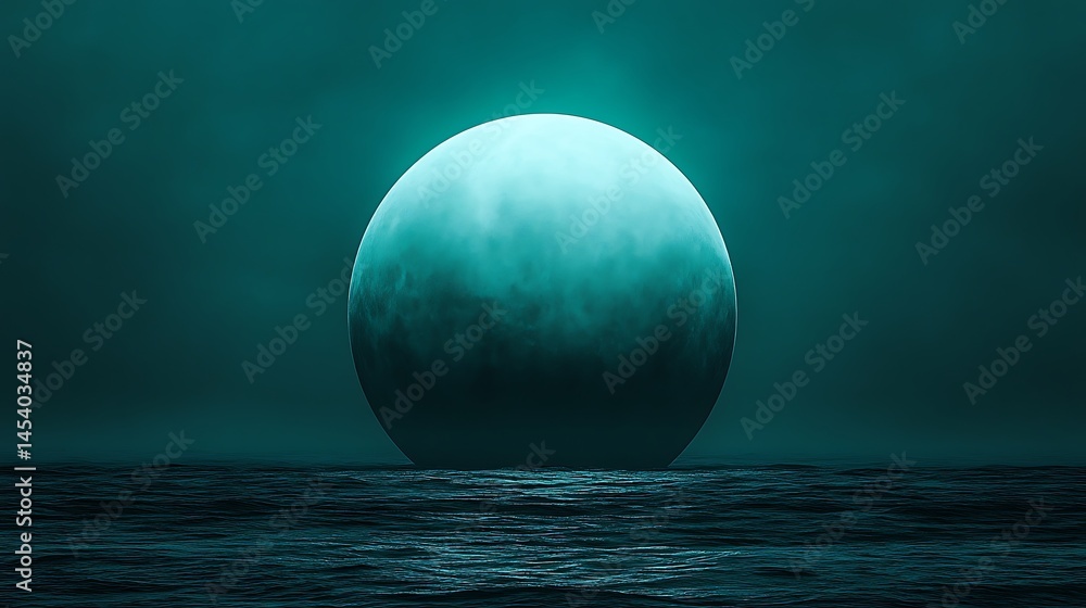 Poster close up view of a teal moon rising over a dark, textured ocean. the moon is large and dominates the