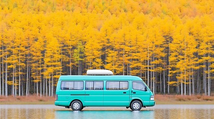 Teal minivan parked on a road in front of a vibrant autumnal forest. The trees are a rich golden yellow, creating a striking contrast with the van's turquoise color.  The setting is peaceful and