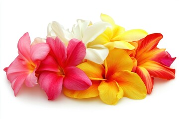 Fototapeta premium Vibrant bouquet of tropical plumeria flowers showcasing pink, yellow, and white hues