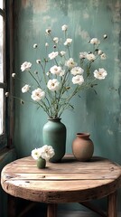 Still life arrangement of white flowers in a teal vase.