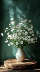 Elegant white flowers in a vase, illuminated by sunlight.