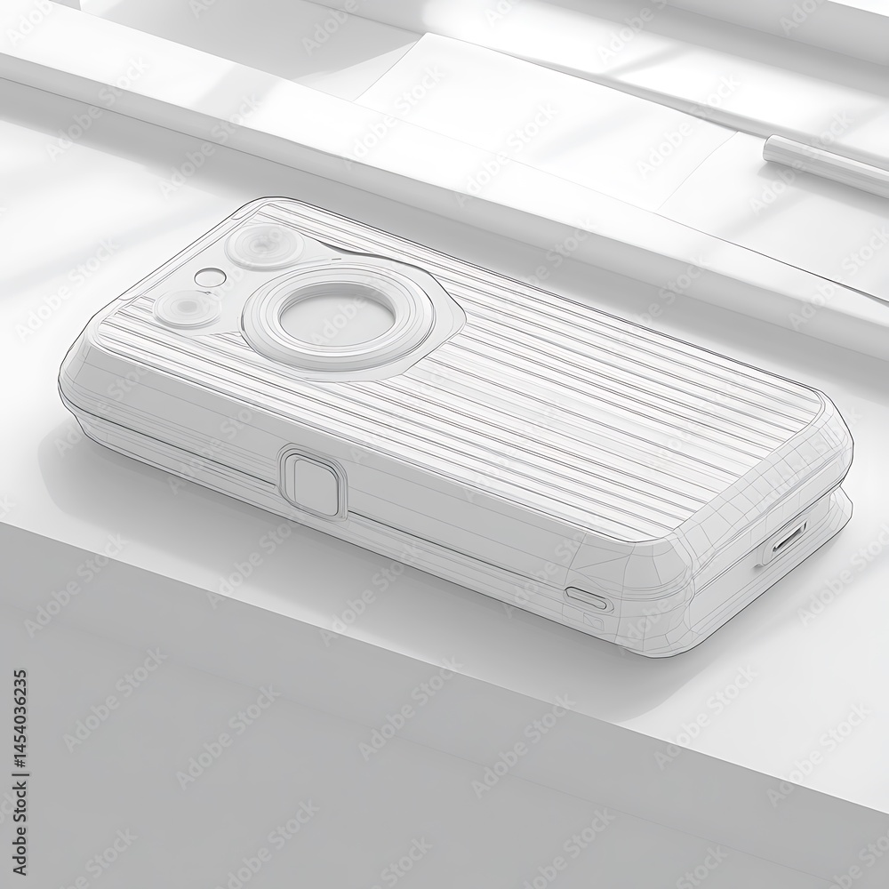 Poster white textured rectangular device with circular and lens elements on top, rests on a white surface w