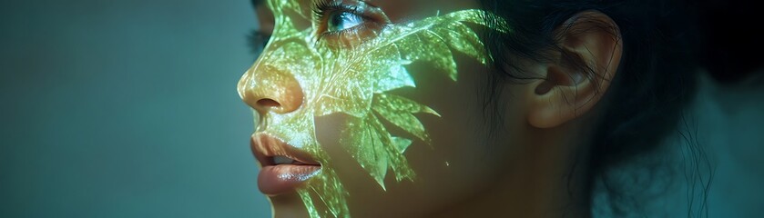 Close-up view of a person's face with projected leaves.