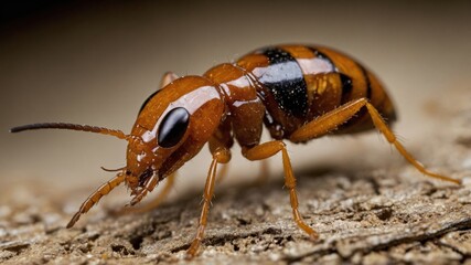 Naklejka premium Detailed close-up shows a unique bug or insect with striking orange and black stripes resting on rough natural surface