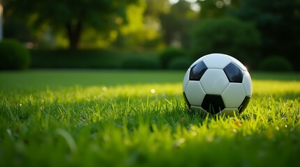 A soccer ball sits on bright green grass in a park at sunset, representing outdoor sport and recreation use for athletic content.