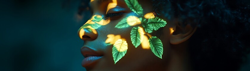 Close-up portrait of a person with leaf designs on their face.