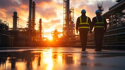 Two industrial workers wea safety helmets and reflective vests walking through a refinery or chemical plant du sunset or sunrise with a vibrant sky and silhouetted machinery in the background
