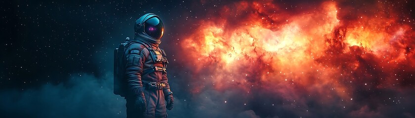 Astronaut facing a vibrant cosmic nebula.