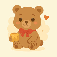 Cute Cartoon Bear with Red Bow and Honey Jar – Vector Illustration