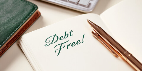 Open notebook with "Debt Free!" written in green ink, a rose gold pen rests beside it, symbolizing financial freedom and achievement