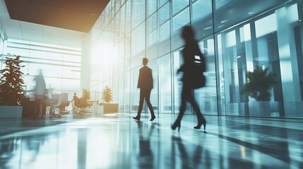 Business people walking in modern office lobby interior corporate building workplace environment