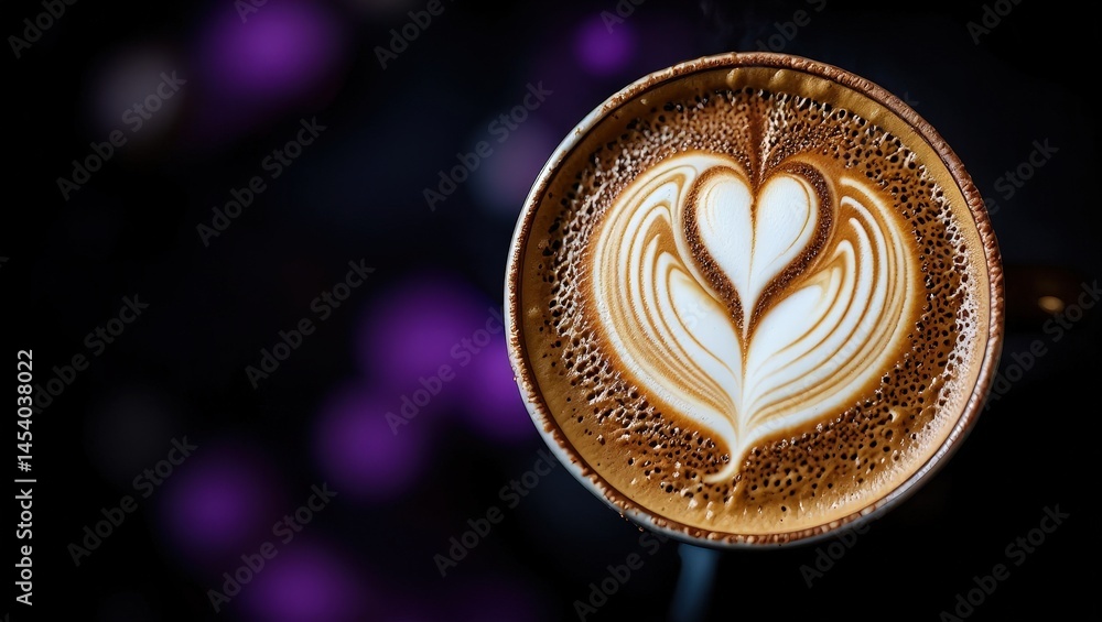 Poster a cup of coffee with latte art in the shape of a heart on top.