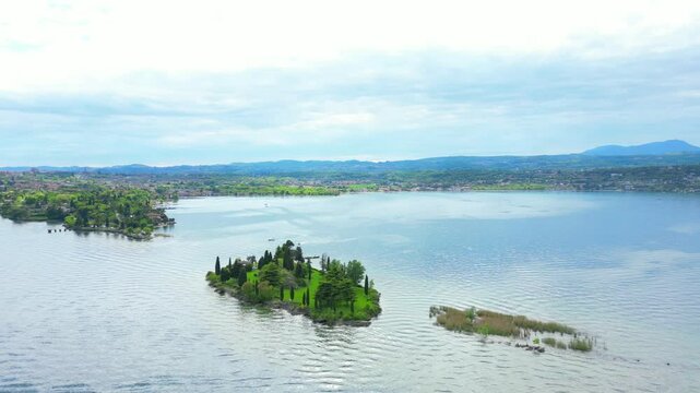Aerial view of the Island of San Biagio on Lake Garda in the province of Brescia in Lombardy, Italy
