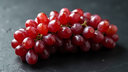 Macro photo of a full cluster of red grapes arranged neatly on a dark slate background, all grapes fully contained within the frame, no blur, no cropping, high sharpness across the entire image