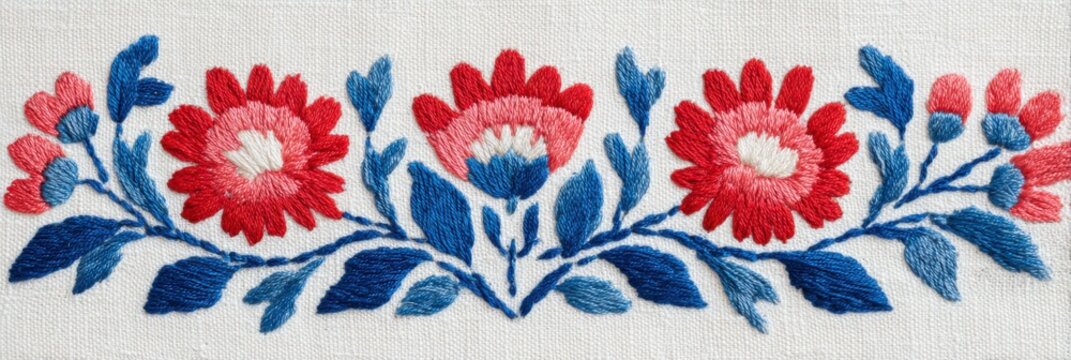 Romanian traditional embroidery featuring vibrant floral patterns in red and blue, showcasing intricate stitching techniques and cultural artistry in textile design