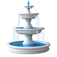 Beautiful three-tier fountain with flowing water  PNG on a transparent background.