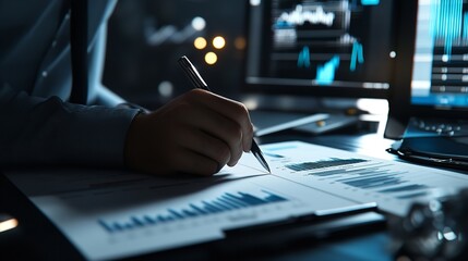 Analyzing financial data charts graphs with pen for business investment and market trend analysis report