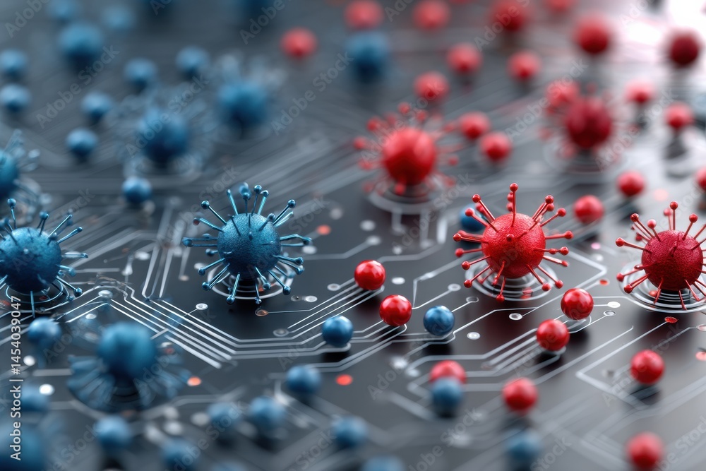 Poster cyber attack simulation highlighting red and blue virus particles on a circuit board generative ai