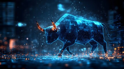 Obraz premium Futuristic digital ox bull animal hologram glowing with blue neon light on dark cityscape background with digital particles and virtual technology elements