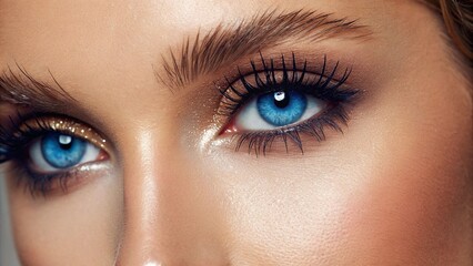 Obraz premium Highlighting perfect skin and striking features, this beauty shot focuses on a woman's intense blue gaze and flawless makeup, including a dramatic eyeshadow blend and luminous highlights. Ideal 