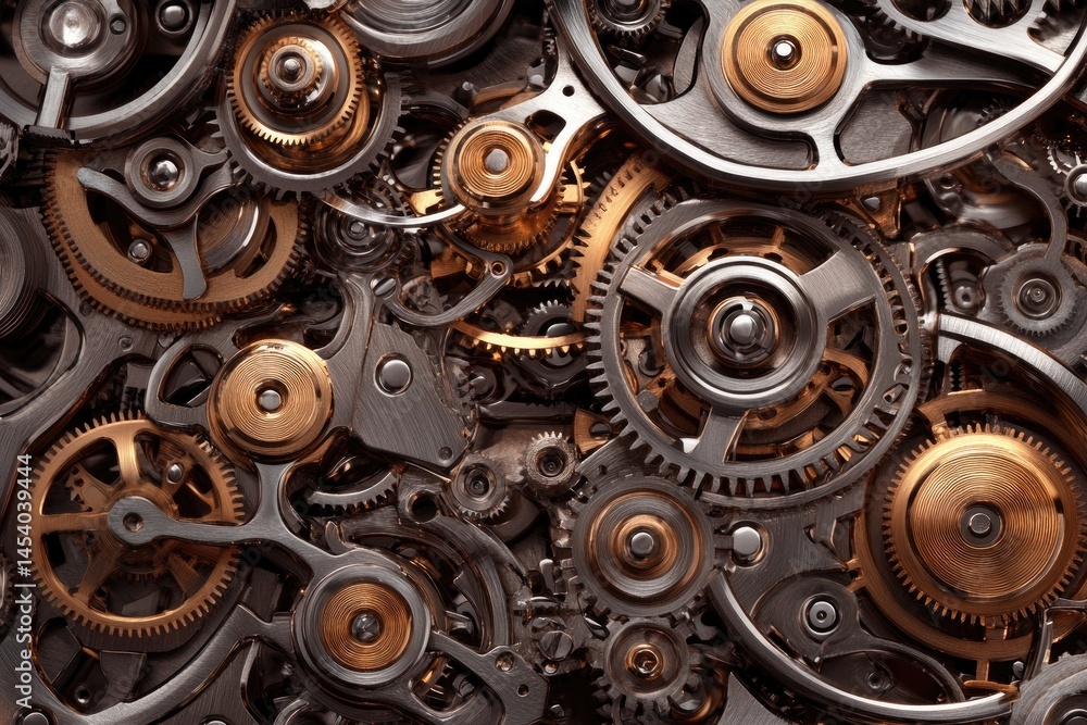 Poster intricate metallic gears and cogs interlock, creating a mesmerizing, complex arrangement