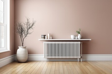 Modern interior design featuring a minimalist space with a white radiator, wooden flooring, decorative plants, and a soft pink wall creating a serene atmosphere for relaxation