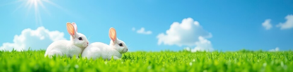 Fototapeta premium Two white rabbits rest on vibrant green grass, sunny blue sky , stock photo, field