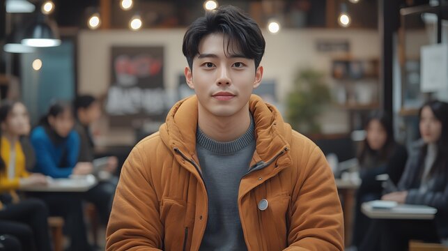 Young Asian man in casual clothing sitting in modern cafe with friends and customers in background, relaxed atmosphere, diverse social environment, urban setting