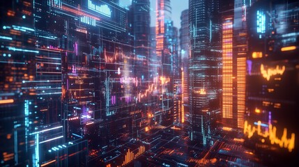 Digital city stock market data analysis futuristic cityscape neon lights technology background abstract art