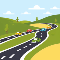 Cartoon Cars On Road Trip Through Countryside Illustration For Web, Marketing