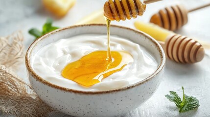 Homemade fruit yogurt bowl with honey drizzle