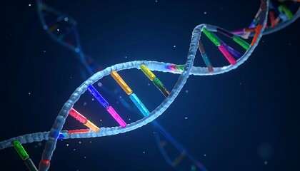 Detailed 3D render of a vibrant, colorful DNA double helix against a deep blue background. Science, technology, and medical concepts. Perfect for biotech or genetics.