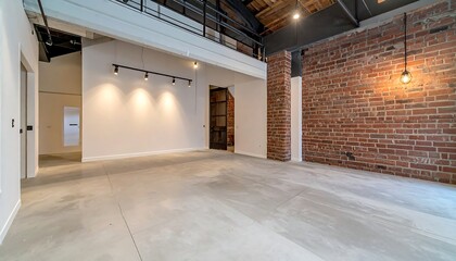 Bright open space with exposed brick, concrete floors, and industrial lighting. Perfect for showcasing modern design, renovations, and creative projects.