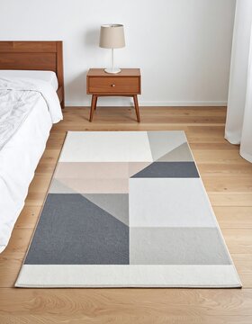 Fototapeta Modern bedroom scene featuring a geometric rug with neutral colors, next to a bed and nightstand. Great for interior design, home decor, or lifestyle concepts.