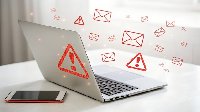 Spoofed emails and phishing scams with malicious attachments. Email and warning icons with exclamation marks. Man using laptop computer to check and respond to emails.