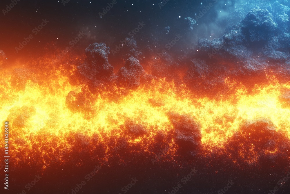 Poster striking visual of contrasting fire and dark clouds creating an epic and powerful visual effect