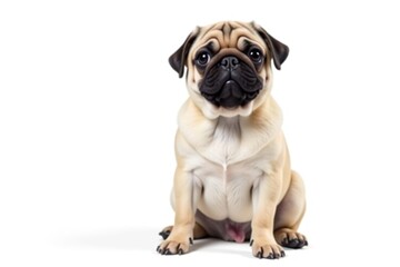 Fototapeta premium Adorable pug dog sits, isolated on white background, portrait, black
