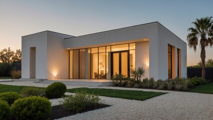 Contemporary modern house exterior showcasing compact design and minimalist aesthetics under bright natural daylight