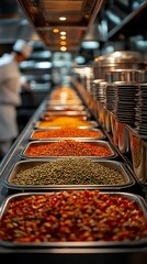 Organized spice trays in a commercial kitchen.