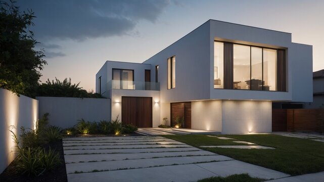 Dazzling modern minimalist house exterior in cube-shaped design illuminated by soft lighting at night creating a warm and inviting atmosphere