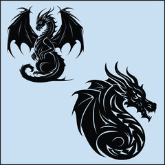 Obraz premium Black Silhouette Set of a Dragon Clipart on White