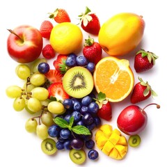 A colorful assortment of fruits including apples, oranges, strawberries, kiwis