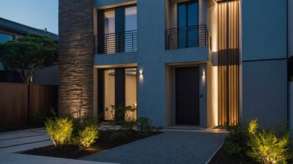 Fototapeta premium Striking modern house exterior showcasing minimalist design elements against a clear blue sky and lush green surroundings