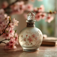 Ornate perfume bottle with crystal stopper and floral design against a blurred blossom background