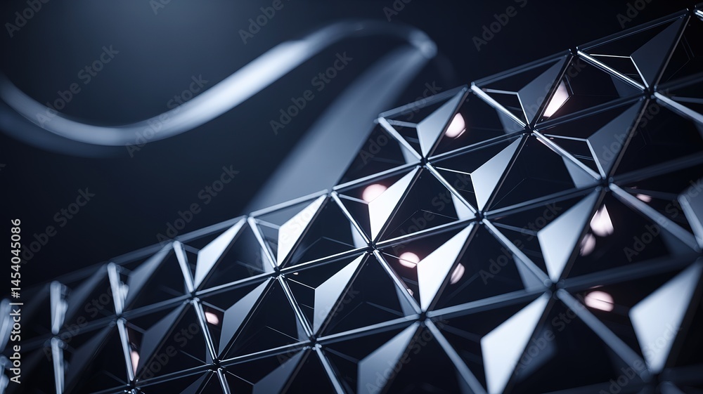 Poster abstract metallic triangular grid with soft light reflections on