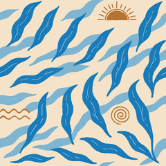 Abstract seamless pattern featuring stylized blue leaf/wave shapes and brown wavy lines, sun, and spiral elements on a light beige background. Offers a modern, earthy, natural design.