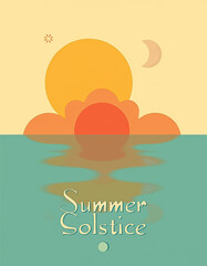 Summer solstice celebration design with sun, moon, and ocean reflection