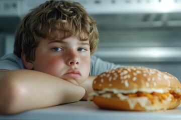 Blond, freckled light-skinned boy with a sad expression rests his head on a table, looking at a chicken burger with mayo. Concept of appetite, boredom, or unhealthy eating.