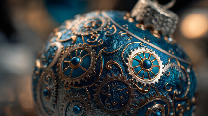 Steampunk christmas ornament blue and gold gears intricate design holiday decoration festive sphere detailed